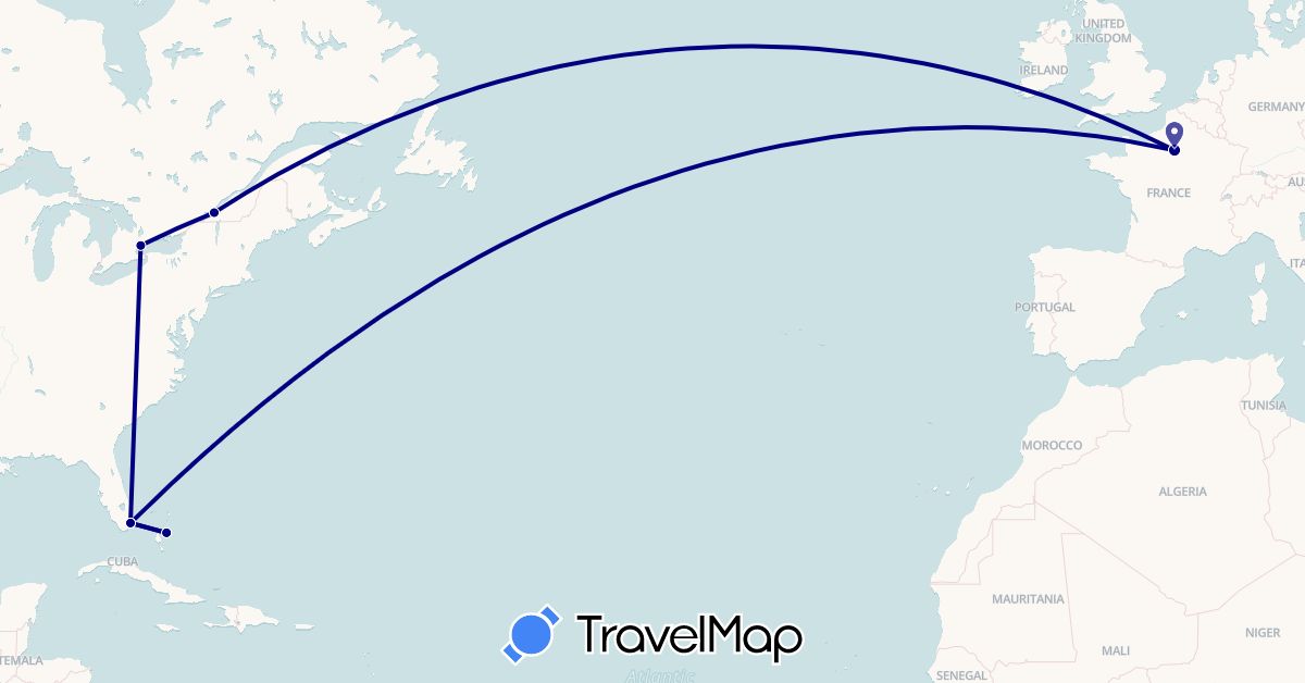 TravelMap itinerary: driving in Bahamas, Canada, France, United States (Europe, North America)